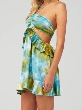 Rays for Days Satin Ruffled Tie-Dye Halter Lennon Dress Medium
